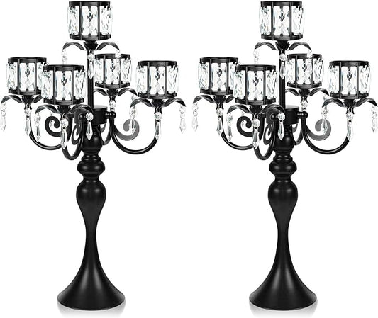 2pcs Black 5 Arm Pendant Square Crystal Table Decor 22 Inch Candle Holder,Classic Elegant Table Centerpiece Atmosphere Candle Holder for Gift Wedding Party Home Decor