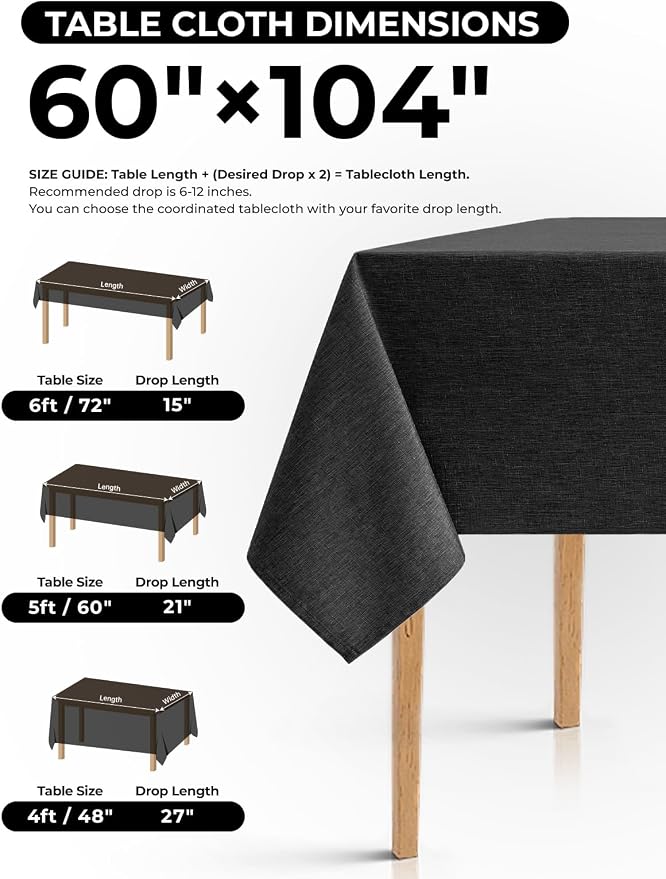 Decorelia Faux Linen Farmhouse Table Cloth 60"x104" for 6 ft Rectangle Table, Black Waterproof Outdoor Washable Cloth Tablecloth for Rectangular Dining Room Kitchen Outdoor Party Restaurant Decor