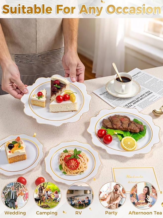 WDF 100PCS White and Gold Plastic Plates - Gold Disposable Plates - Include 50 Dinner & 50 Dessert Plate for Party - Heavy Duty Fancy Plastic Plate for Wedding/Bridal shower/Mother's Day