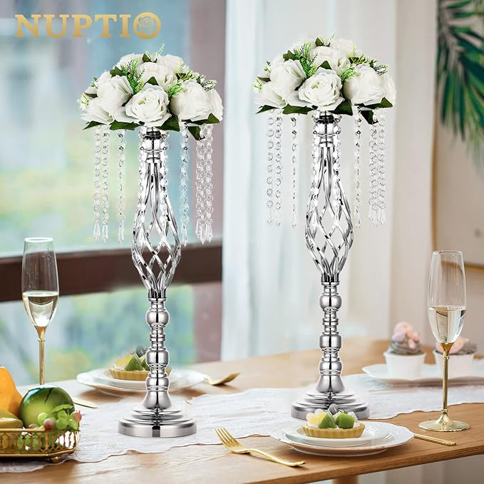 Nuptio 10 Pcs Silver Wedding Centerpieces Flower Stand, 21.7in/55cm Height Wedding Road Lead Flower Vases, Crystal Artificial Flower Arrangements for Wedding Party Birthday Event Reception Home Decor