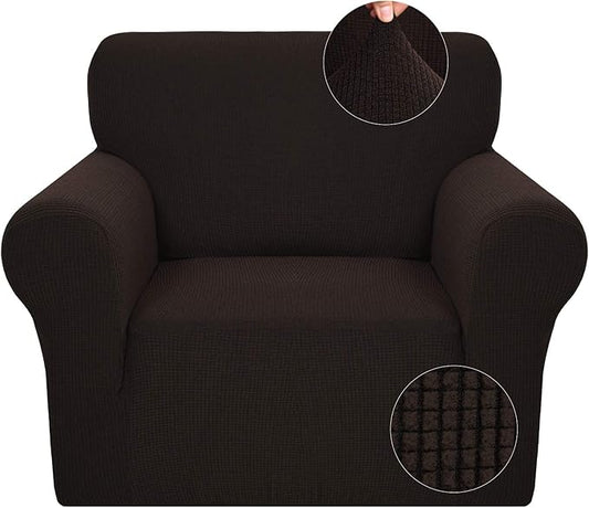 JIVINER Super Stretch Chair Slipcovers with Arms 1-Piece Jacquard Small Checks Living Room Armchair Covers Soft Anti Slip Sofa Couch Furniture Protector for Kids Pets (Chair, Dark Coffee)