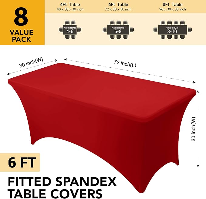 8-Pack Premium Red Spandex Tablecloths for 6ft Rectangle Tables, Stain & Wrinkle-Resistant, Washable Stretch Polyester Fitted Table Cover for Weddings, Banquets, Trade Shows Events