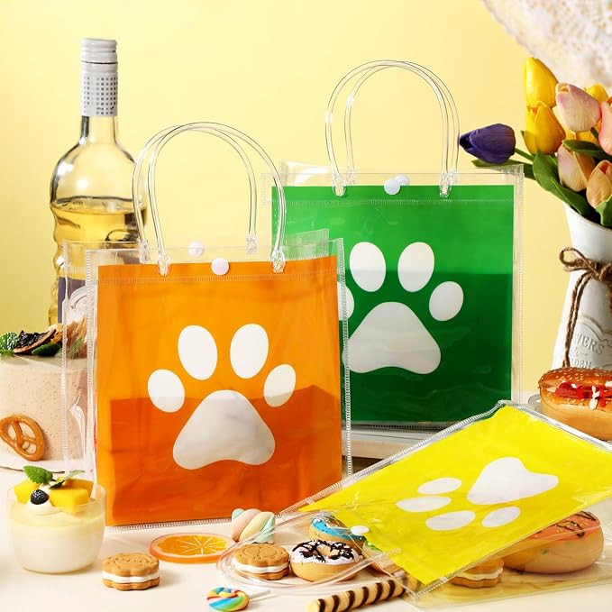 Teenyyou 24 Pcs Dog Paw Clear PVC Gift Bags with Handle Puppy Party Favor Reusable Plastic Wrap Tote Goodie Candy Treat Gift Bags Transparent for Puppy Pet Theme Birthday Party Supplies