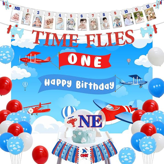 Airplane Theme 1st Birthday Party Decoration Time Flies 1st Birthday Party Banner with Airplane Theme Backdrop, Cake Topper, Photo Banner and High Chair Banner for Airplane Party Supplies