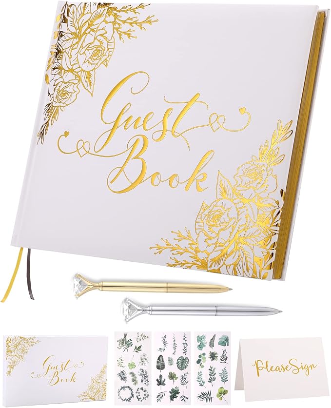 Wedding Guest Book - Guest Book Wedding Reception with Pens - 9x7'' Personalized Wedding Guestbook Photo Album Sign in Book - Gold Foil Hardcover & Gilded Edges, for Weddings, Baby Shower, Party