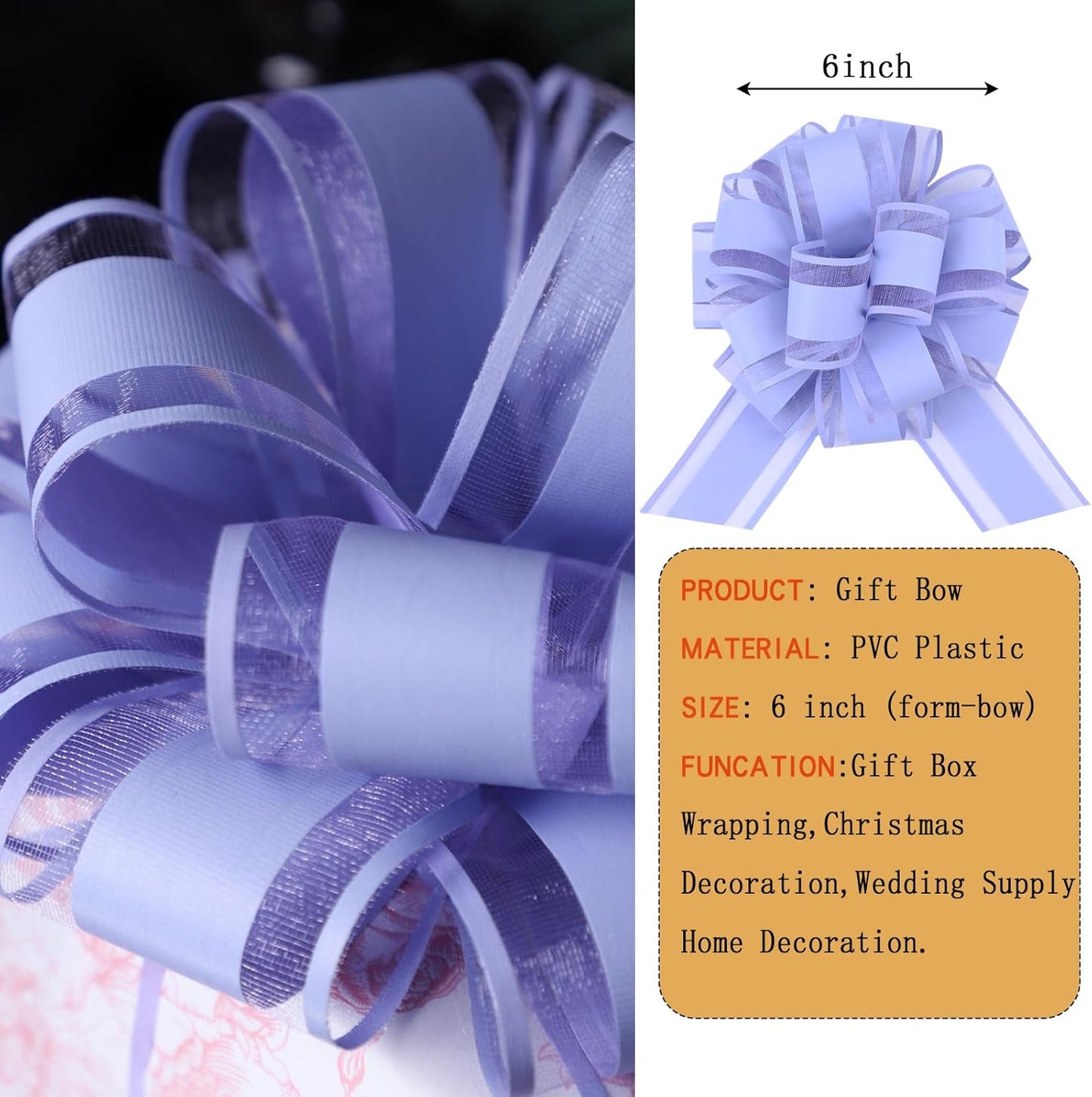 6Pcs 6inch Pull Bow Gift Wrapping,Pull Bow For Gift Basket, Gift Bag Box Wrapping Decor, Valentines Day, Birthday, Anniversary, Wedding, Flower Packaging (Baby Purple)