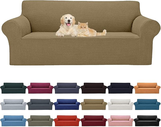 Cupuamon 2026 New Stretch Oversized Sofa Slipcovers Couch Sofa Cover for 4 Seater Furniture Protector Covers with Elastic Bottom Jacquard Fabric Small Checks for Pets, Kids - Tan