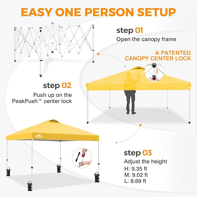 EAGLE PEAK Pop Up Canopy Tent with Wheeled Carry Bag, 8 Stakes, 4 Ropes, 4 Weight Bags, Easy Set Up Tent Canopy, 10x10 ft, 100sqft of Shade, Yellow