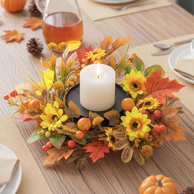 MOYEE Autumn Centerpieces for Tables Candle Ring, Black Metal Candlestick with an Artificial Wreaths 14 in Versatile Dining Table Centerpiece Decor (Yellow Sunflower Wreath)