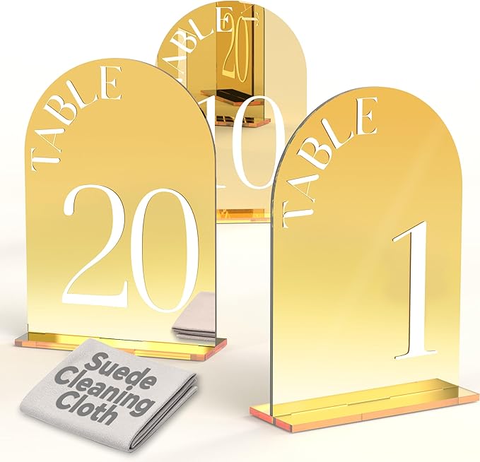 Mirror Arched Wedding Table Numbers 1-20 with Stands, 5"x7" Double-sided Letter, Acrylic Wedding Signs Centerpiece Decoration for Wedding Reception Party (Gold, Table Numbers 1-20)
