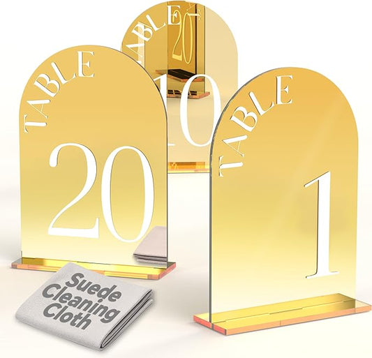 Mirror Arched Wedding Table Numbers 1-20 with Stands, 5"x7" Double-sided Letter, Acrylic Wedding Signs Centerpiece Decoration for Wedding Reception Party (Gold, Table Numbers 1-20)
