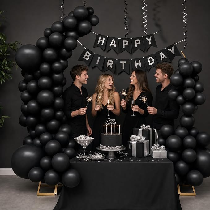 Balloon Arch Stand Kit Set with 145PCS Different Sizes Black Balloons – Metal Wedding Backdrop Frame with 8 Water Bags, Gold Semi-Open Arch for Birthday, Party Decorations Indoor Outdoor.