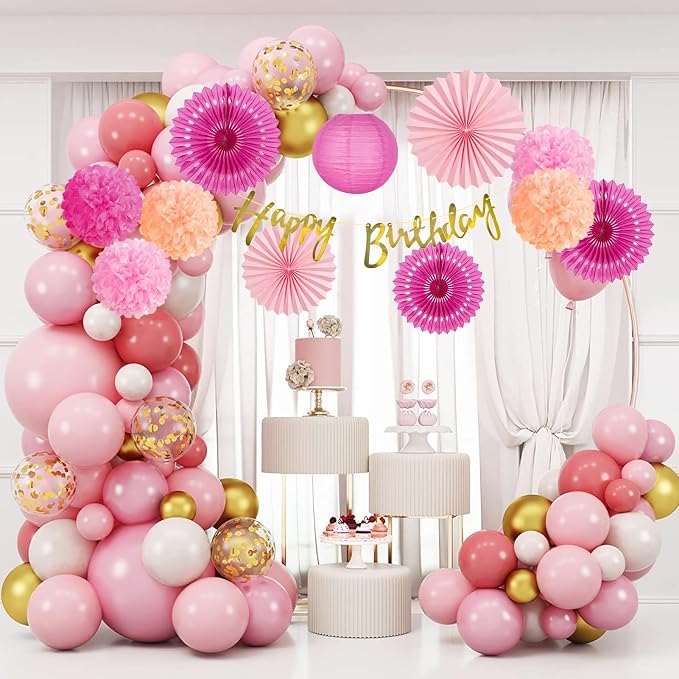 SUNBEAUTY Hot Pink Birthday Party Decorations for Girls Women with Happy Birthday Banner Hot Pink Paper Fans Tissue Pom Poms Lantern Decorations Birthday Decorations Kit