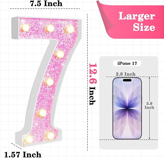 12.6 Inch LED Pink Marquee Light Up Numbers, Sweet 7th Birthday Decorations Number Lights as Gifts for Girls Women, Glitter Lighted Marquee Numbers for Pink Anniversary Party Table Decor, 7
