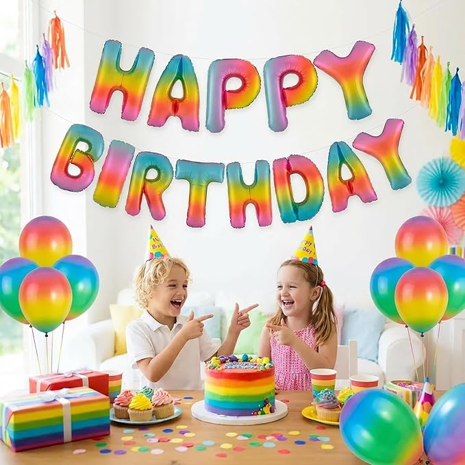 Rainbow Happy Birthday Banner Foil Letter Balloon, 14 Inch 3D Colorful Patterned Reusable Mylar Foil Letters, Birthday Decorations (Birthday Banner 4)