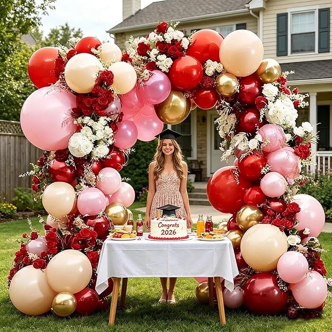 Red Pink Balloon Garland Double Stuffed Burgundy Pink Gold Pearl Balloons Rose Red Blush Nude Balloon Arch for Birthday Bridal Shower Wedding Engagement Graduation Party Decorations