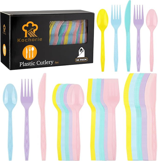 Kochorie 90 Pieces Pastel Plastic Cutlery Set Macaron Colors Disposable Plastic Utensils Colorful Heavy Duty Flatware Set Includes 30 Knives 30 Forks 30 Spoons for Easter, Birthday, Tea Party, Wedding