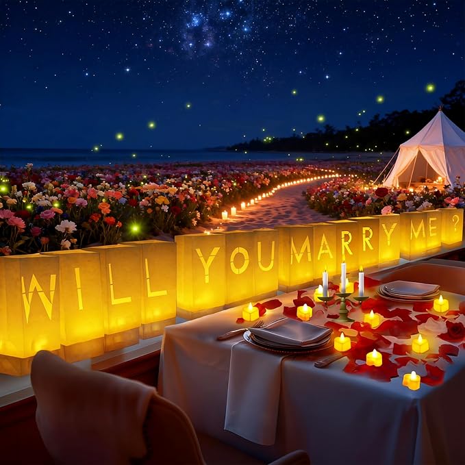 Will You Marry Me Decorations – Romantic Setup Kit with Light Up Letters, 30 Tea Light Candles, 2000 Rose Petals, 10 Balloons – Luminary Bags for Proposal Decoration(W)
