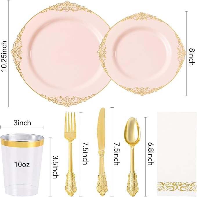 Fijinhom 350pcs Pink Plastic Plates, Elegant Disposable Dinnerware Set, 125 Pieces, White and Gold, Plates, Cups, Cutlery and Napkins (Pink, 50 Guests)