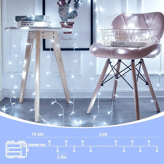 QITONG 2 Pack Battery Operated String Lights, Each 33ft 100 LED White Christmas Lights Outdoor Waterproof, 8 Modes Clear Wire Twinkle Fairy Lights Indoor with Remote