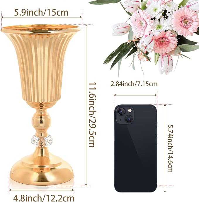 2PCS Gold Metal Wedding Flower Trumpet Stripe Vases Crystal Table Centerpieces for Artificial Flower Arrangements for Anniversary Celebration/Wedding/Party/Birthday Event Aisle Home Decor