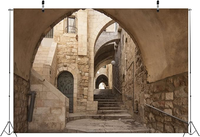 BELECO 12x10ft Fabric Jerusalem Old City Street Backdrop for Photography Ancient Stone Stairway and Arch Old City of Jerusalem Israel Background for Portrait Photoshoot Studio Booth Photo Props