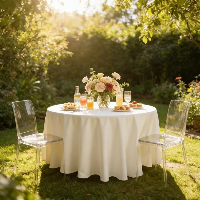 WIGENIUS 2 Pack Ivory Table Cloth Round Tablecloths 90 Inch,Polyester Table Cloth for 5 Foot Round Tables,Wrinkle Resistant Washable Fabric Table Covers for Party,Wedding Banquet