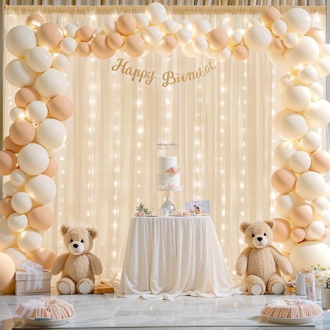 20ft x 10ft Champagne Chiffon Backdrop Curtain with Lights String for Parties,4 Panels Sheer Tulle Curtain Wedding Backdrop for Baby Shower Birthday Party Ceremony Reception Home Decorations