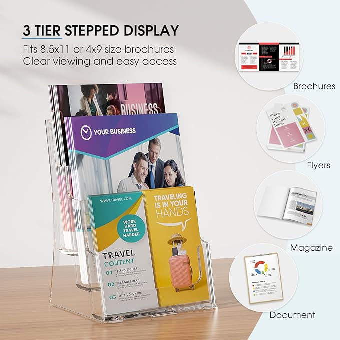 KTRIO Acrylic Brochure Holder 8.5 x 11, 3 Tier Literature & Pamphlet Organizer with Removable Divider for 4 Inch Flyers, Clear Display Stand for Desk & Wall Mount, 2 Pack