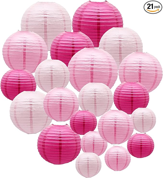 ADLKGG Pink Paper Lanterns Decorative, Hanging Round Paper Lanterns Indoor Outdoor for Valentines Day Decorations Graduation Wedding Birthday Baby Showers Tea Party Decorations, 21pcs