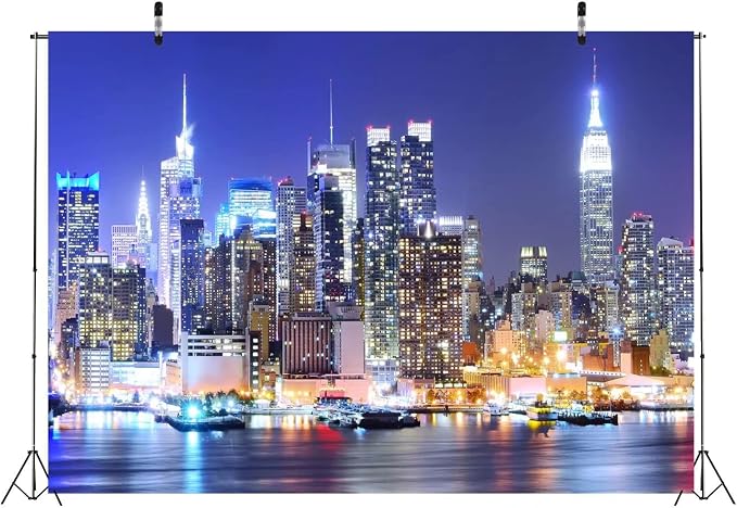 BELECO 12x8ft Fabric New York City Backdrop Manhattan Skyscraper Night View Urban Light Skyline Background City Theme Backdrop New York Party Decorations Artistic Portrait Shoot Photo Studio Props
