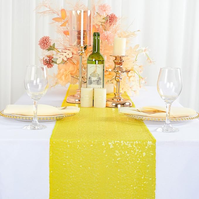 ShinyBeauty Yellow Table Runners Pack of 2 Sequin Table Runner 12inx108in Baby Birthday Decorations Dining Table-Runner 108 Inches Long Party Table Cloth Modern Style Wedding Decoration