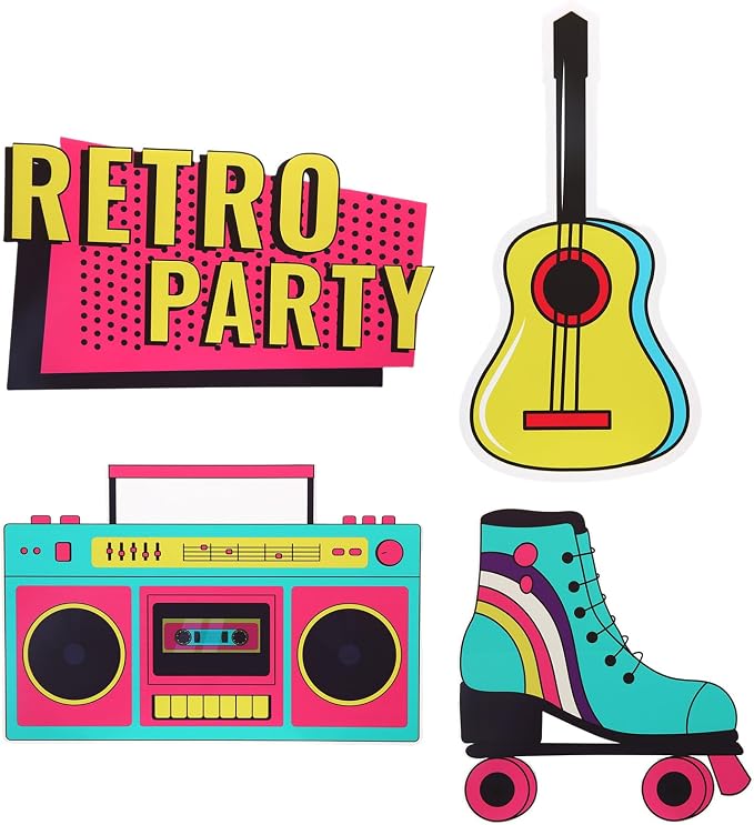 Honoson 4 Pcs 24.4" x 26.6" Large Back to 80s 90s Party Decoration Cardboard Cutouts, Retro Radio Boombox Backdrop Yard Signs for Hip Hop Music Birthday Party Supplies Vintage Photo Booth Props