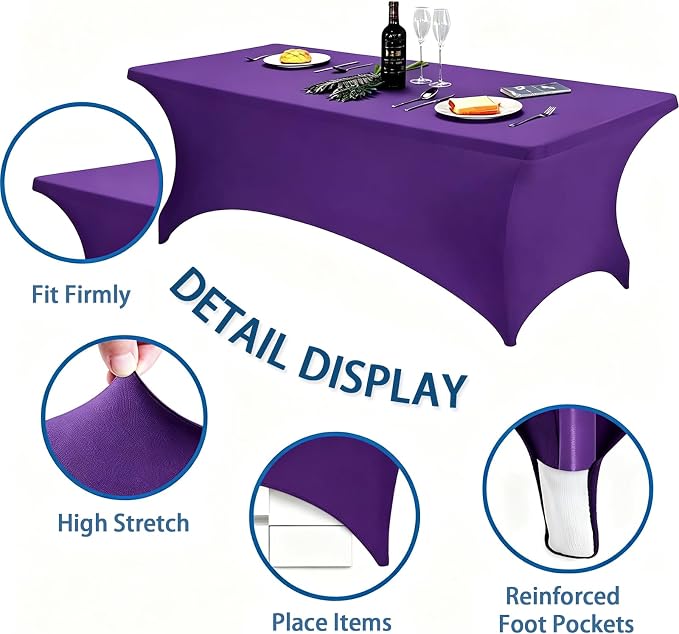 6FT Purple Table Cloth - 2 Pack Fitted Stretch Rectangle Spandex Tablecloth, Washable Table Cover for Party, Picnic, Wedding, Banquet, Birthday and Festival(30" x 72")