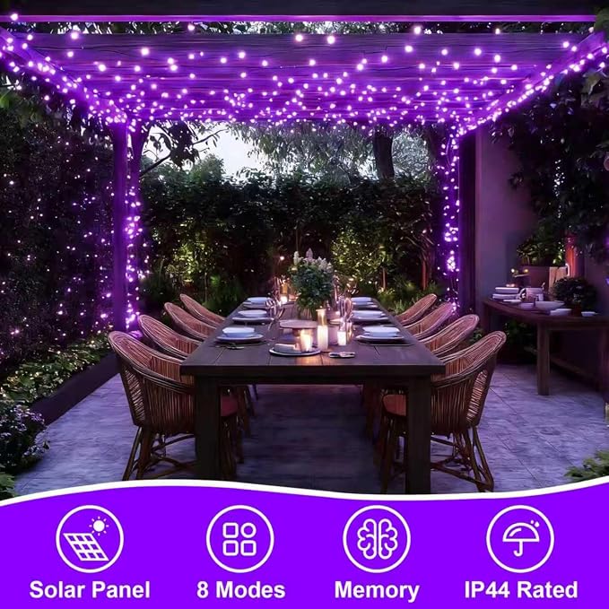 QITONG 4 Pack Solar Fairy Lights, Each 33ft 100 LED Purple Halloween String Light Outdoor Waterproof, 8 Modes Silver Wire Christmas Twinkle Mini Lights