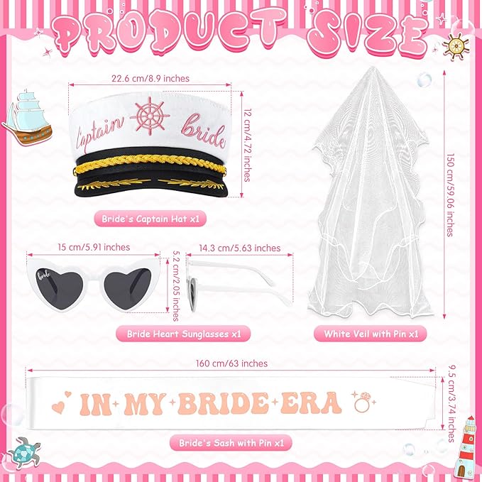 JaGely Bride Captain Hat with Veil, Bachelorette Sash & Sunglasses for Bridal Shower Bachelorette Party Decor Accessories(in My Bride Era)