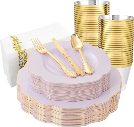 NOCCUR 175PCS Purple Plastic Plates with Gold Disposable Silverware - Include 50 Lavender and Gold Plastic Plates,25 Knives,25 Forks,25 Spoons,25 Cups and 25 Napkins - Mother's Day/Spring Party