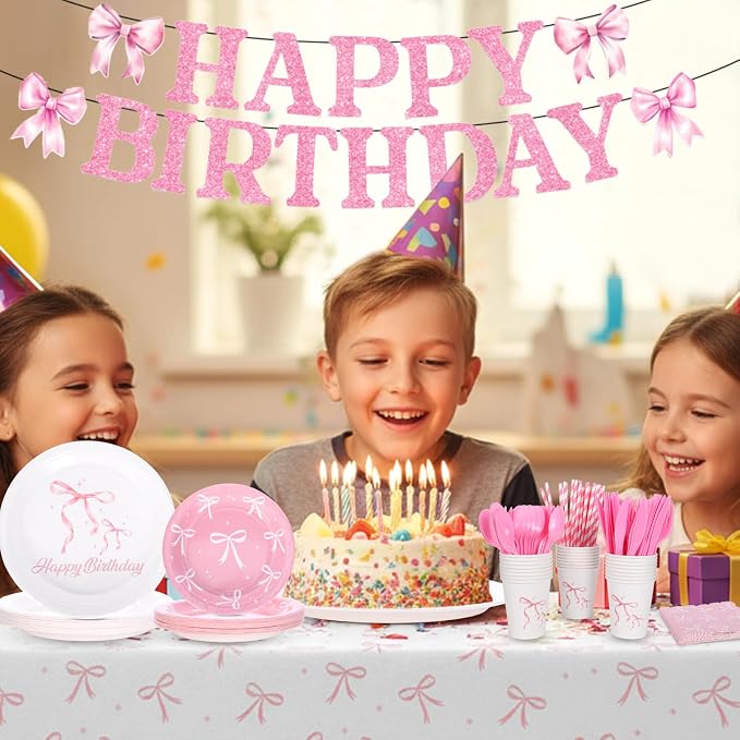 194 Pcs Pink Bow Party Decorations Coquette Birthday Decorations Bow Paper Plates Napkins Cups Forks Tablecloth Banner Bow Theme Tableware Serve 24
