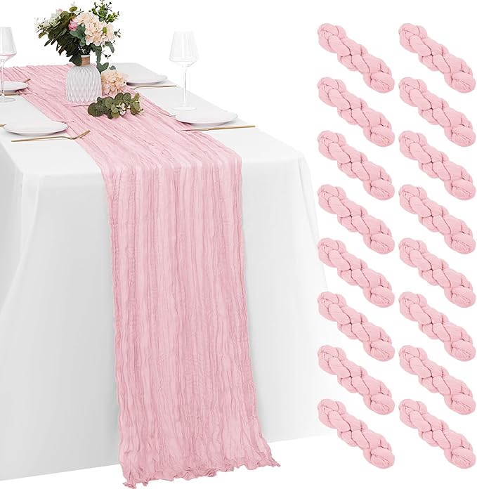 16 Pack Light Pink Cheesecloth Table Runners 20x120 Inch Gauze Table Runner Cheese Cloth 10FT Pink Table Runner Rustic Sheer Runner for Wedding Birthday Party Baby Shower Table Decor