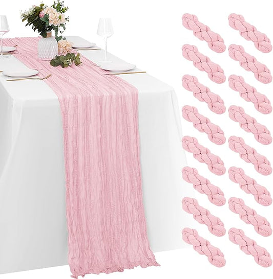16 Pack Light Pink Cheesecloth Table Runners 20x120 Inch Gauze Table Runner Cheese Cloth 10FT Pink Table Runner Rustic Sheer Runner for Wedding Birthday Party Baby Shower Table Decor