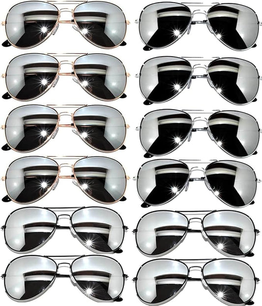 OWL 12 Pack Bulk Aviator Sunglasses Metal Gold, Silver, Black Frame for Men Women Party Glasses