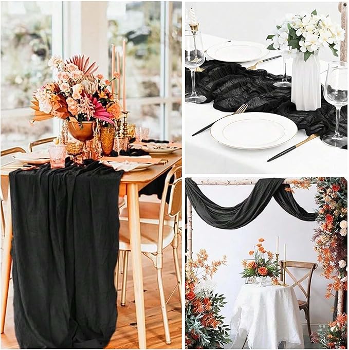 Black Cheesecloth Table Runner 21x120 Inch Gauze Table Runners Reusable Polyester 10ft Boho Rustic Cheese Cloth Table Runner for Wedding Party Baby Shower Birthday