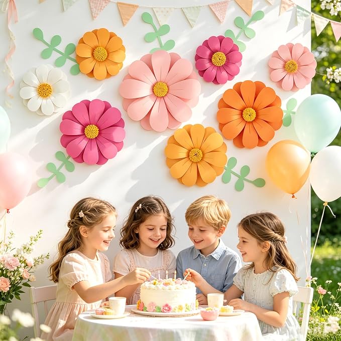 SUNBEAUTY Daisy Paper Flowers Party Decorations, Party Flower Decorations, Orange Yellow Flowers Wall Hanging, 1st Birthday Bridal Baby Shower Wedding Classroom Tea Party Daisy Décor