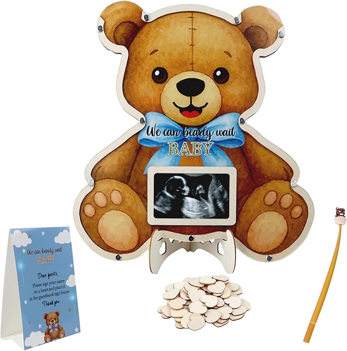 Teddy Bear Baby Shower Decorations,We Can Bearly Wait Baby Shower Guest Book Alternatives with Bear Pen,Photo Frame and 60 Heart Wood Slices for 60 Guests,Gender Reveal Decorations