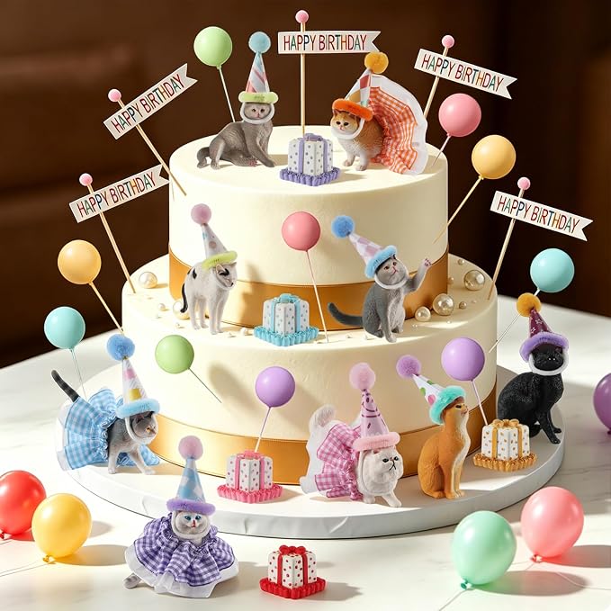 42Pcs Cat Birthday Party Decorations Kit, Mini Cat Figurines Hat Skirt Gift Boxes Balloons & Banners, Cute Cats Cake Cupcake Topper for Animals Themed Birthday Party