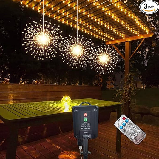 PXBNIUYA 3 Pack 600 LED Solar Starburst Sphere Lights Remote Control,LED Firework Light 8 Modes Dimmable Waterproof Hanging Fairy Light, Copper Wire Lights for Patio Parties Christmas (Warm White)
