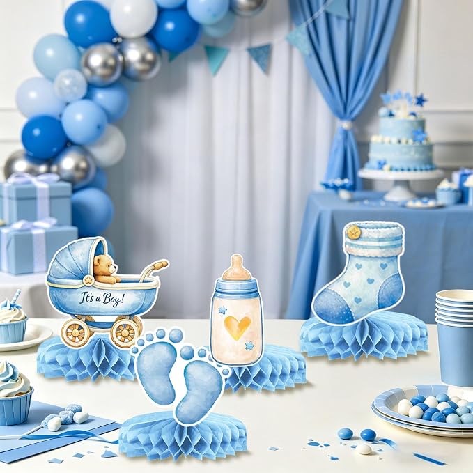 Blue Baby Boy Shower Decorations - Plates, Napkins, Cups, Cutlery, Honeycomb Centerpieces, Banner, Hanging Swirls, Tablecloths, Toppers, Sash, Balloons for Jean Boy Baby Shower Decorations, Serves 20
