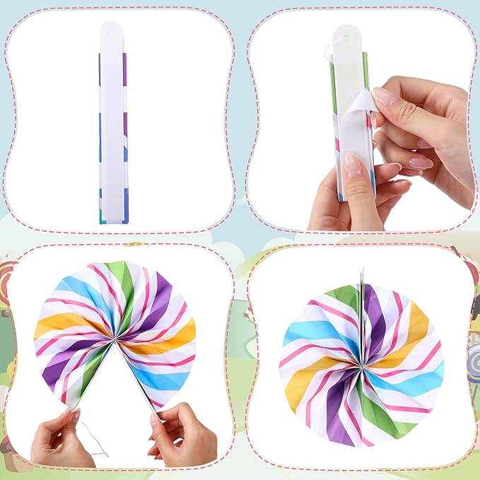 Outus Hanging Paper Fans Decorations Candy Party Classroom Decoration Colorful Peppermint Candy Paper Fan Ceiling Wall Garland for Candyland Themed Birthday Party Supplies(9 Pcs,Design)