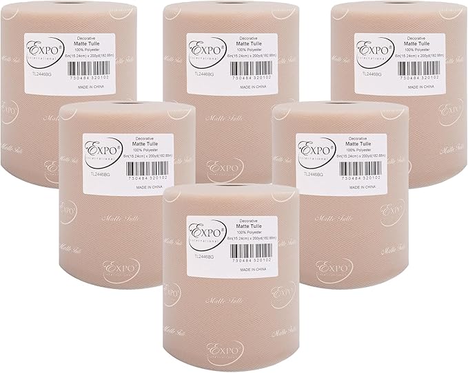 Expo International Decorative Matte Tulle, Roll/Spool of 6” X 200 Yards, Lightweight Polyester Tulle Fabric for Tutus, Costumes, and Party Decorations, Washable, Easy-to-Use, Pack of 6, Beige