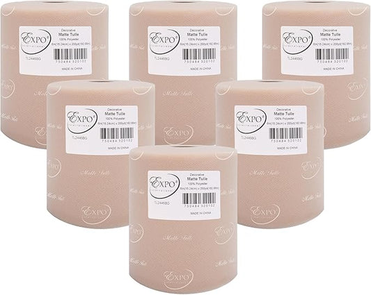 Expo International Decorative Matte Tulle, Roll/Spool of 6” X 200 Yards, Lightweight Polyester Tulle Fabric for Tutus, Costumes, and Party Decorations, Washable, Easy-to-Use, Pack of 6, Beige